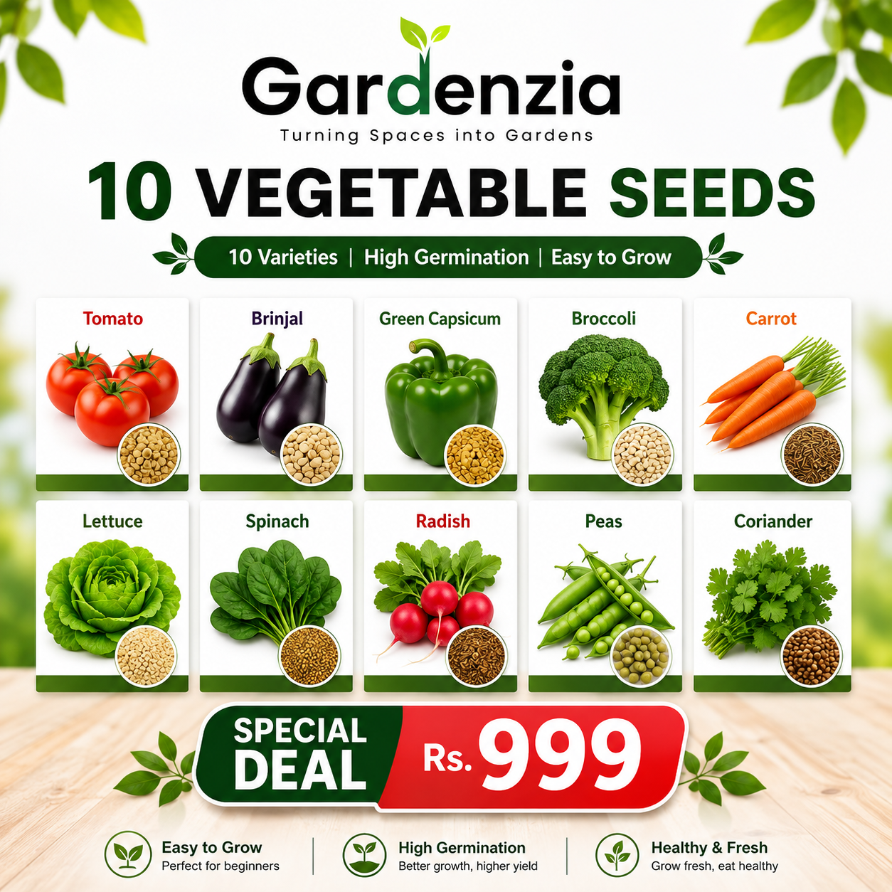 10 Premium Vegetable Seeds Combo Pack
