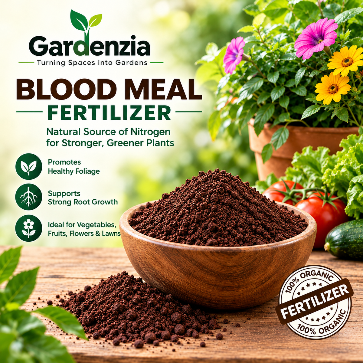 Blood Meal Organic Nitrogen Fertilizer for Green Leaf Growth, Vegetables, Flowers & Fruit Plants