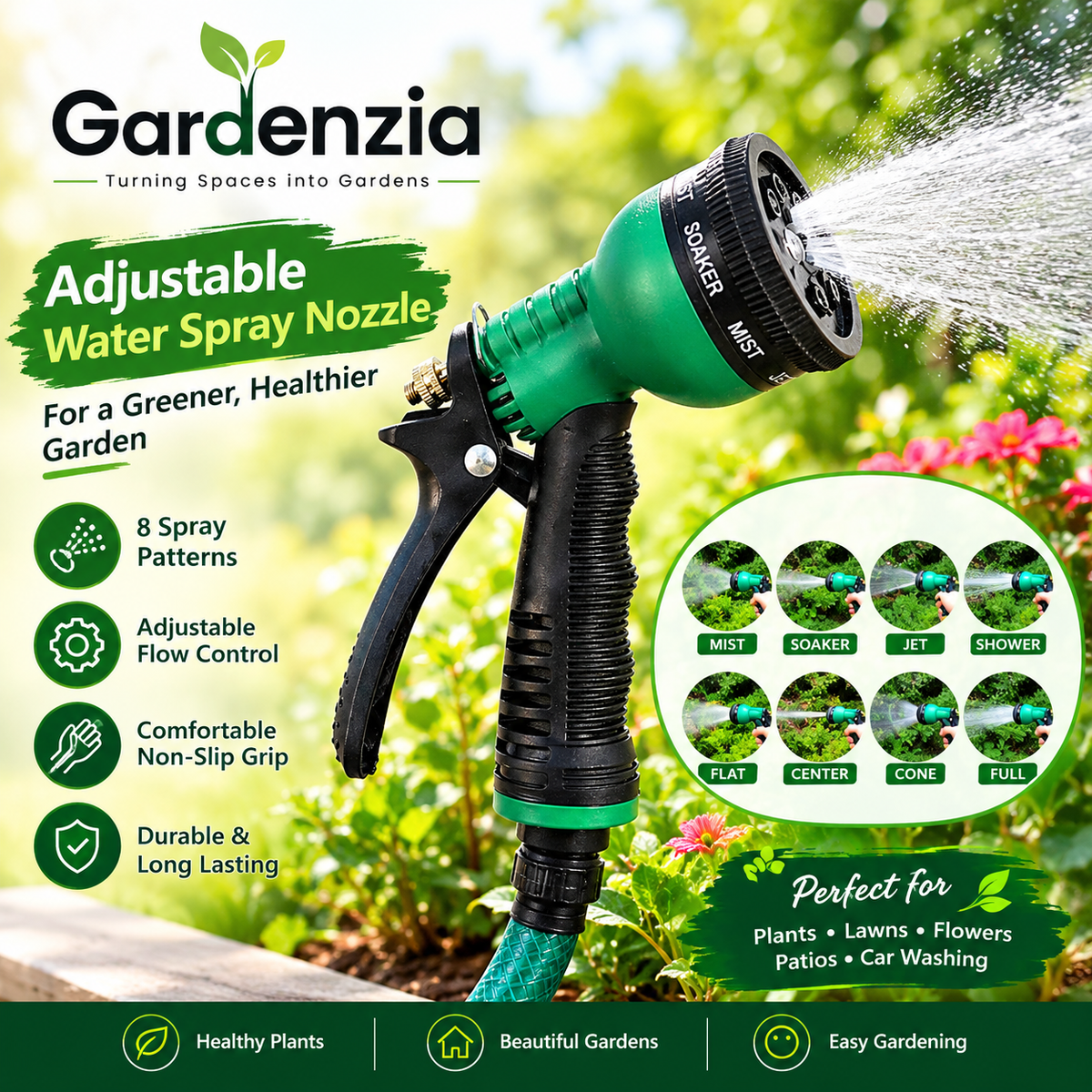 Gardenzia 8-in-1 Adjustable Garden Hose Spray Nozzle